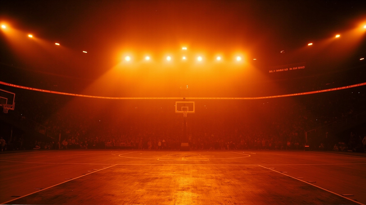 Fantasy basketball arena court floodlights