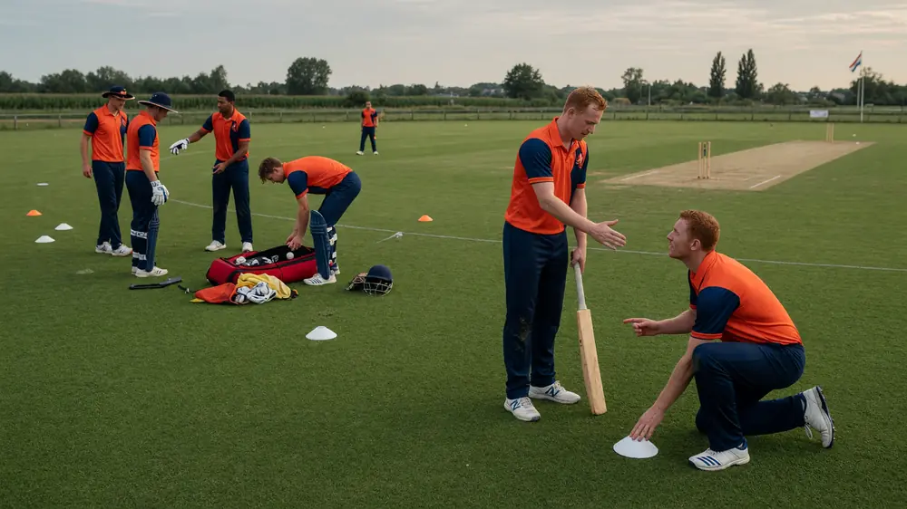 Netherlands players in a tactical mid-field discussion during a white-ball international, with fielders set in the ring