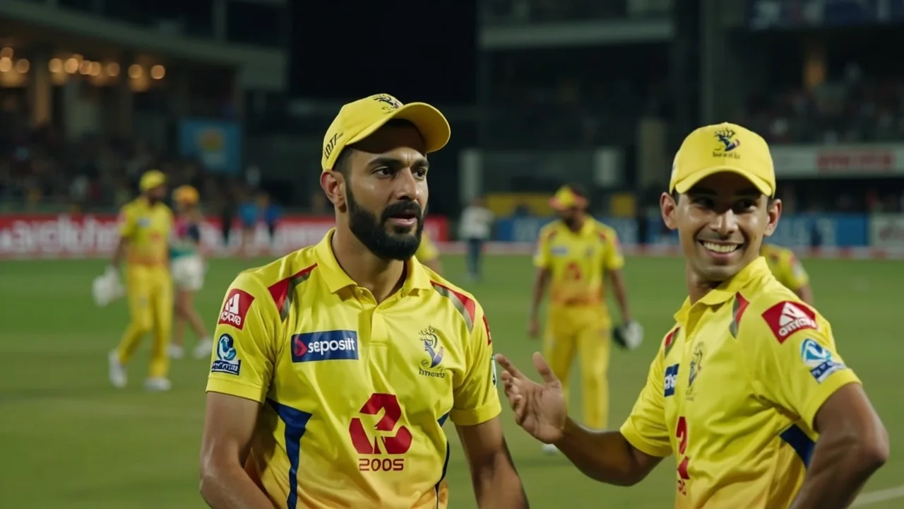 A medium tactical view of a senior IPL team discussing their next move on the field during a night match