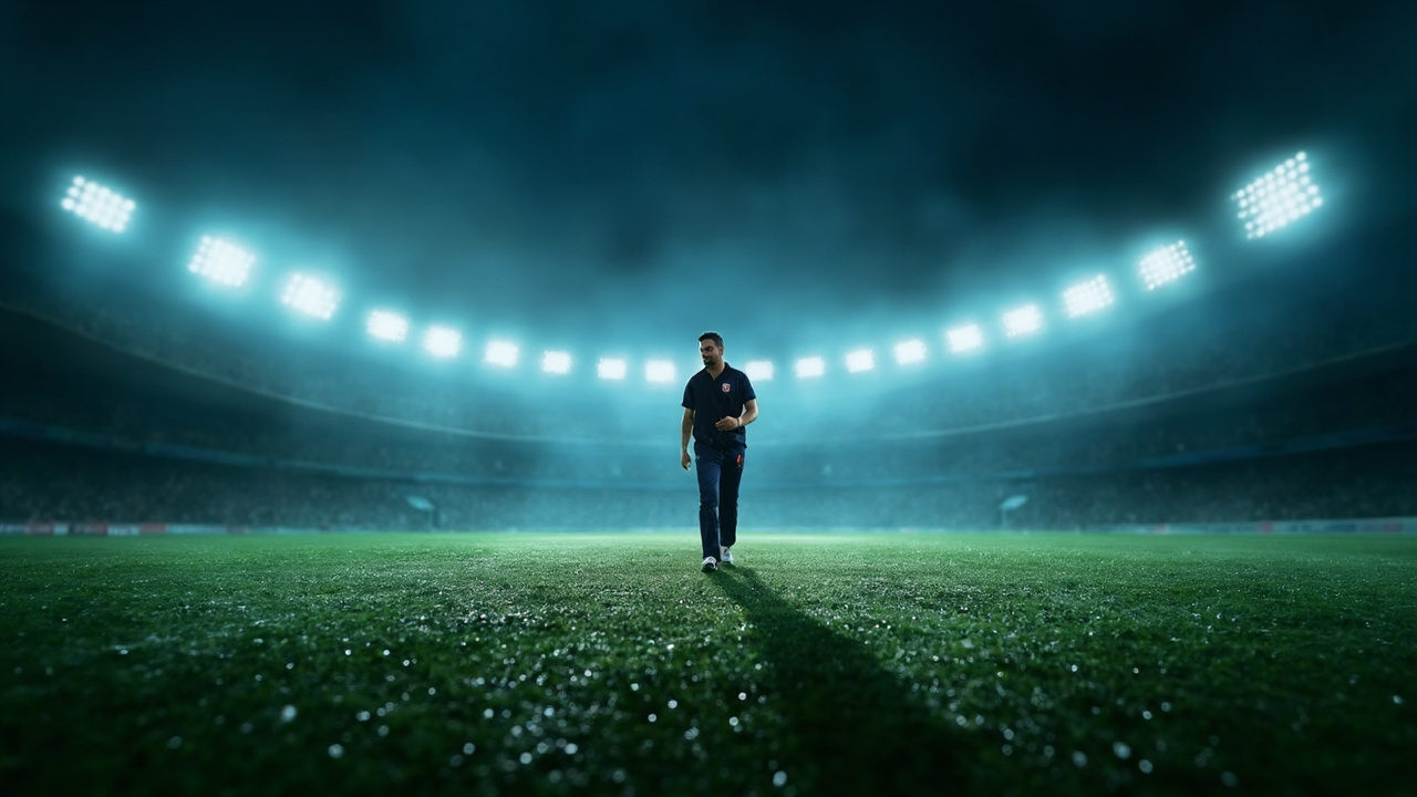 Dewy cricket field at night with stadium lights, IPL 2026 fantasy mood